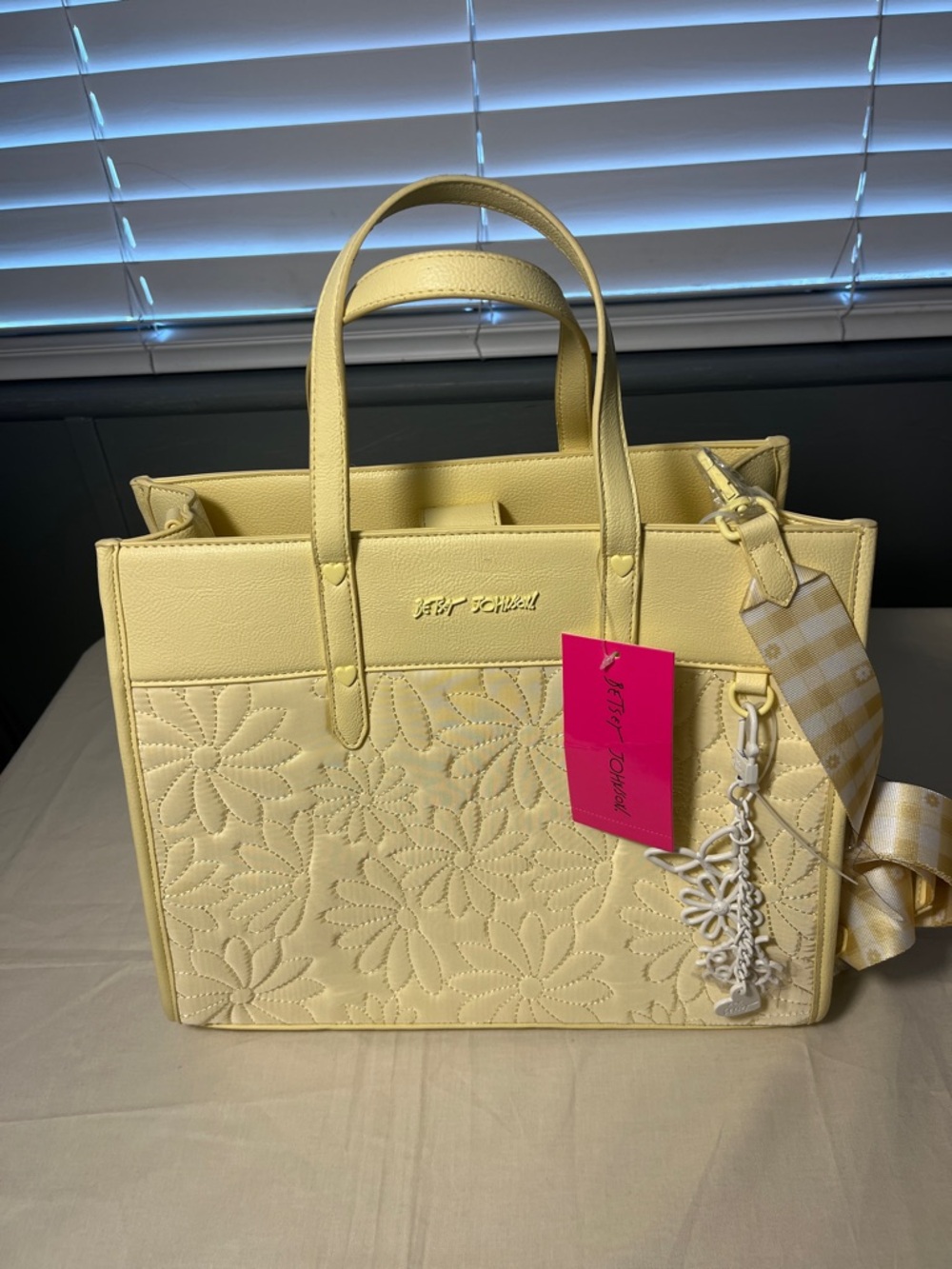 Betsey Johnson Lemon Yellow Floral Embossed Tote with Charm